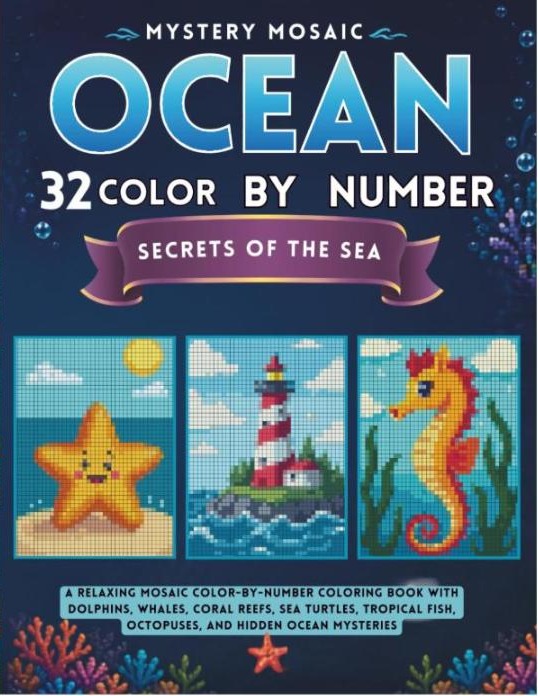 Cover of Mystery Mosaic Ocean — 32 Color by Number Secrets of the Sea, a mystery mosaic color by number book