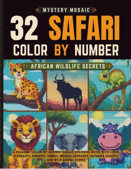 Cover of Mystery Mosaic Safari — 32 Color by Number African Wildlife Secrets, a mystery mosaic color by number book